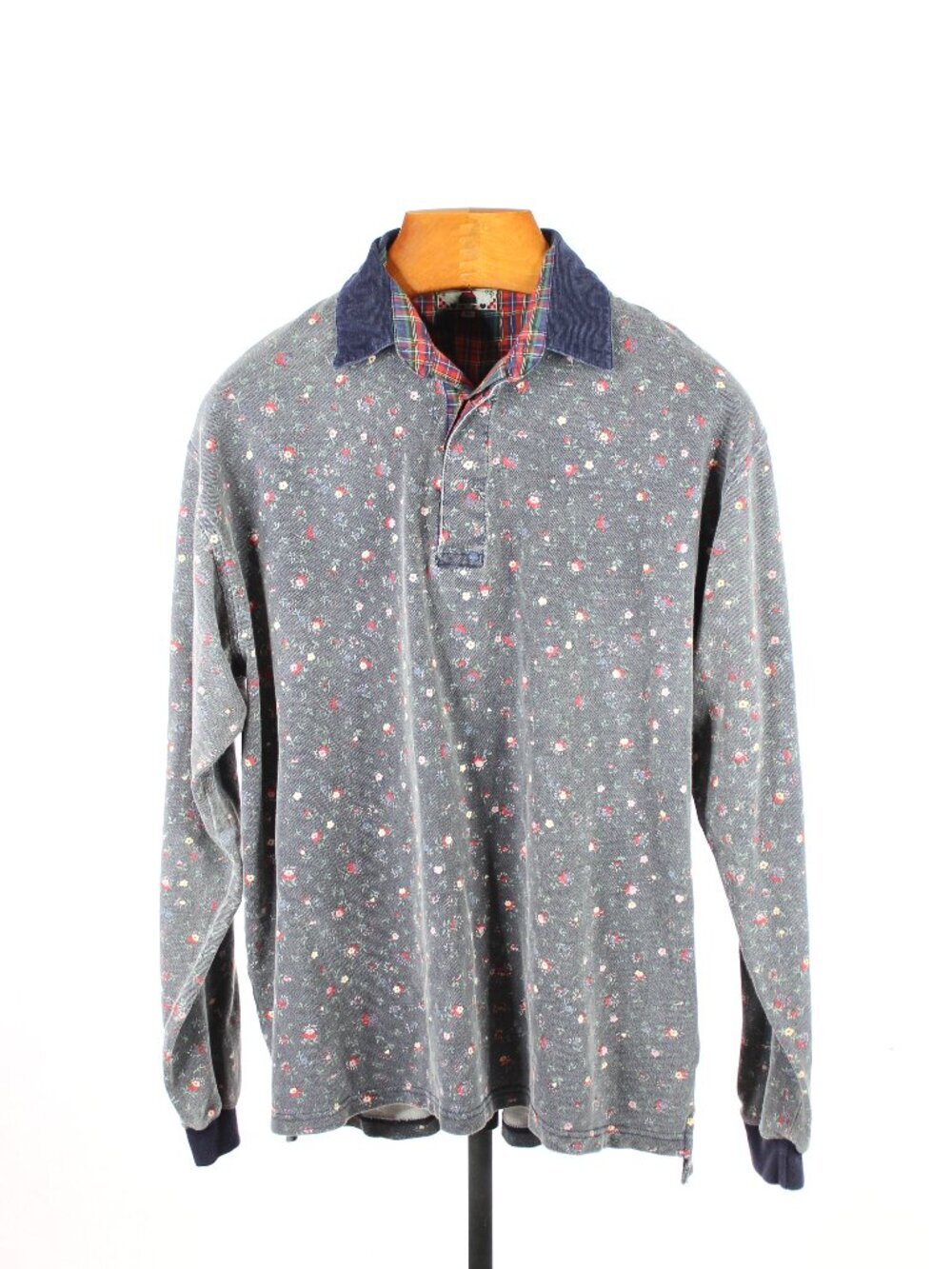 Vintage CLUB MONACO Dark Blue Floral Cotton Thermal Polo Henley T-Shirt, Size XL